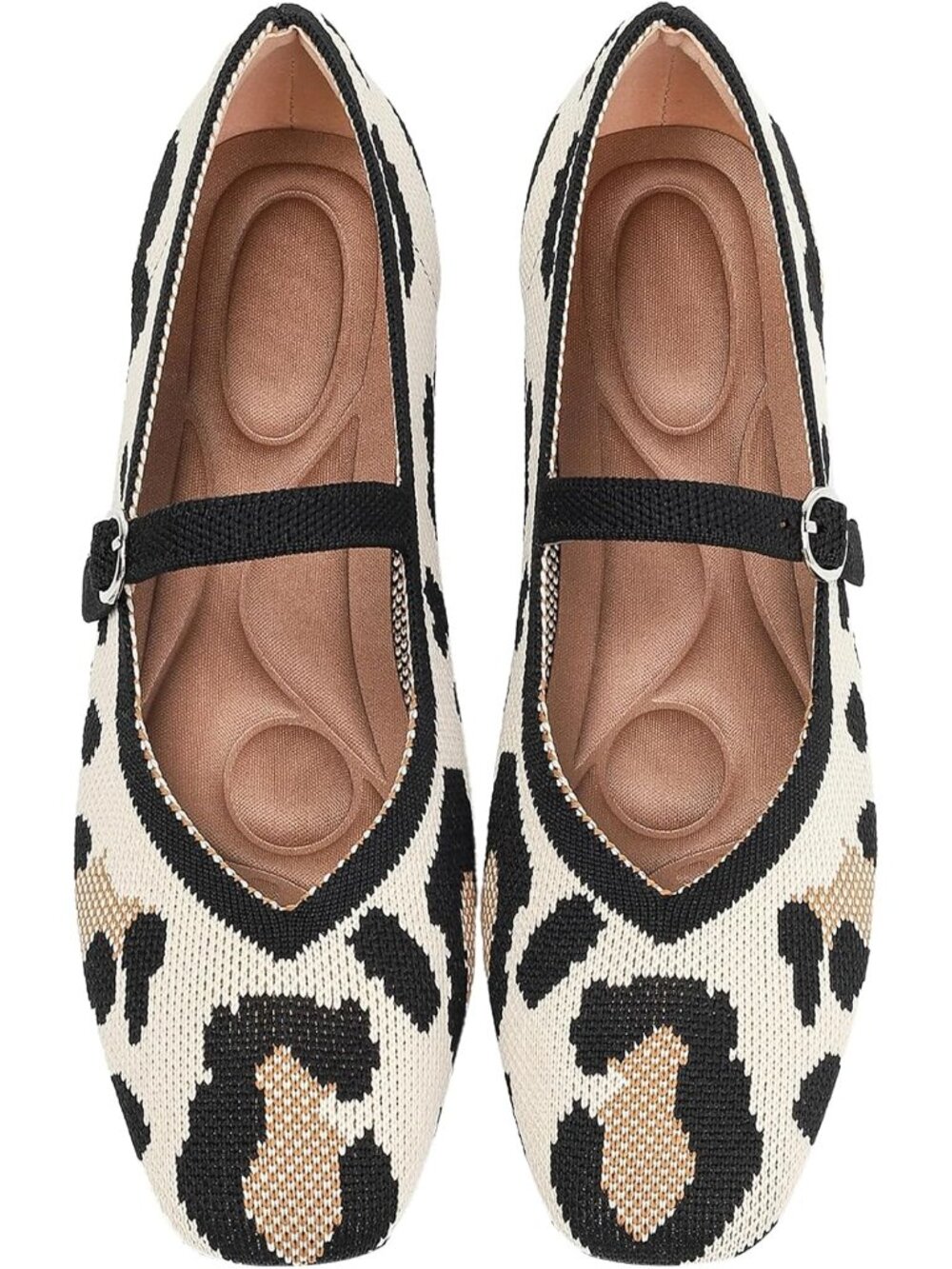 🆕Women's Leopard Knit Mary Jane Ballet Flats Square Toe Comfort Dressy Shoes
